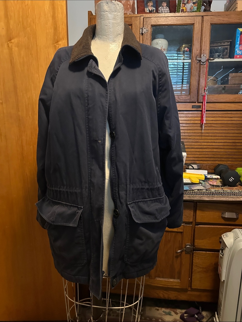 London Fog Navy Blue Utility Jacket with Brown Corduroy Collar